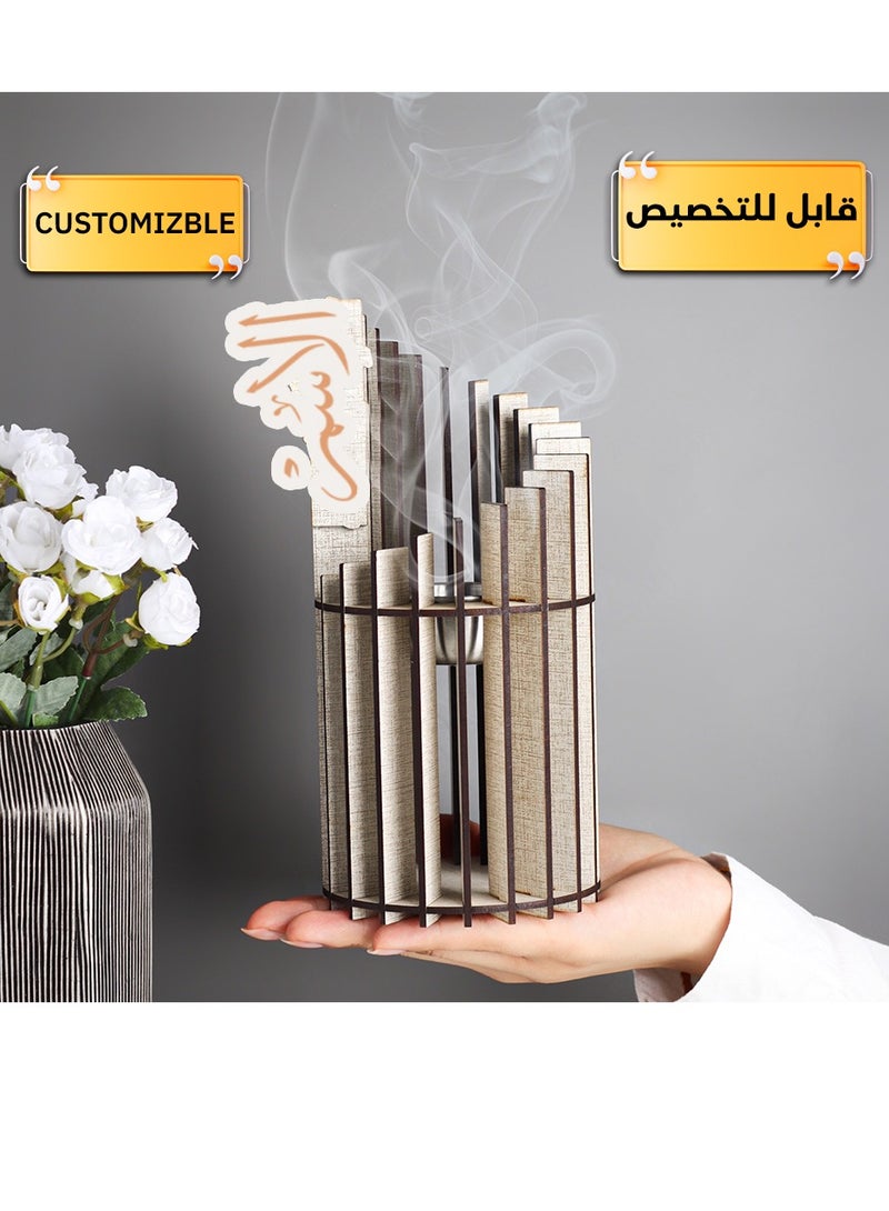 حكاية شمعة مبخره بخور مصنوعه من الخشب الفاخر ، مبخرة باسم قابل للتخصيص "باسمك او اسم من تحب "بتصميم مميز وبلون بيج - Image 1