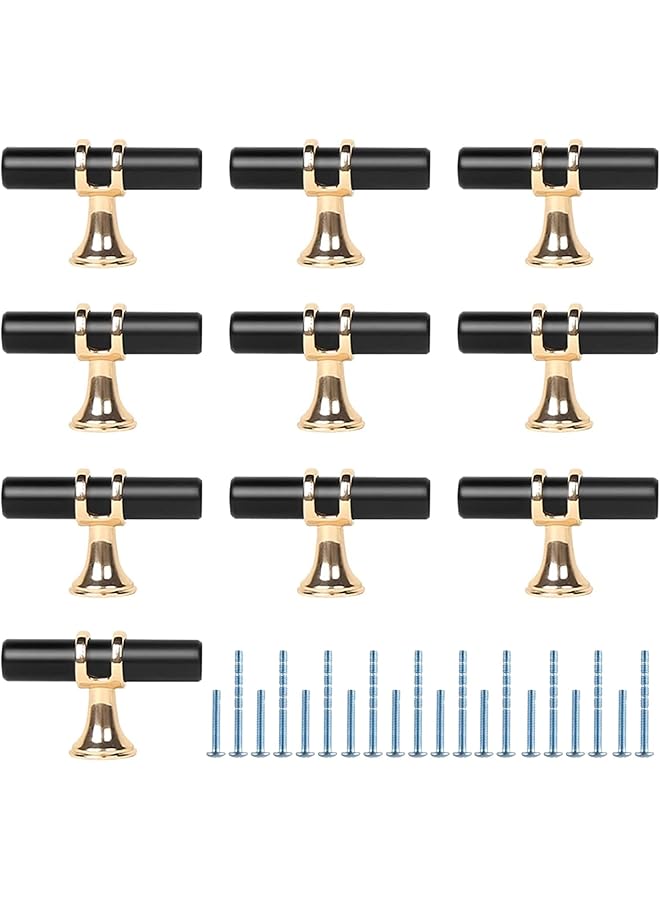 The Bros 10 Pack Matte Knobs Black Gold Cabinet Pulls, Kitchen Cabinet Knobs T Bar Pull Drawer Knob, Modern Bedroom Furniture Bar Dresser Drawer Single Hole Knobs, Zinc Alloy Base - Image 1