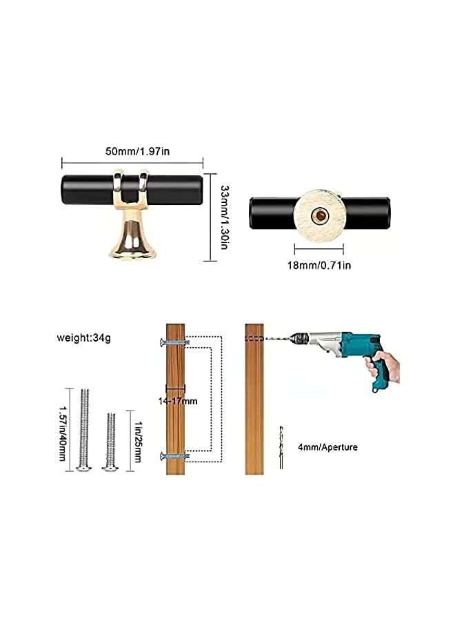 The Bros 10 Pack Matte Knobs Black Gold Cabinet Pulls, Kitchen Cabinet Knobs T Bar Pull Drawer Knob, Modern Bedroom Furniture Bar Dresser Drawer Single Hole Knobs, Zinc Alloy Base - Image 4