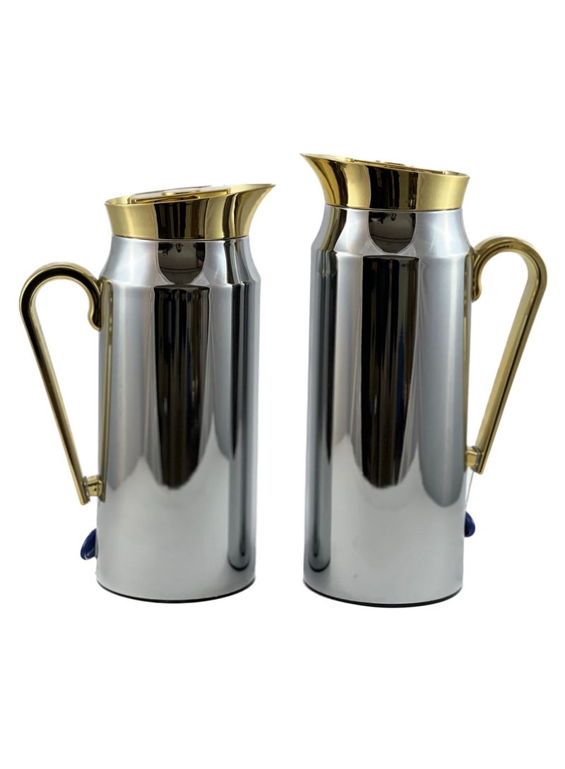 Homemaker 2-Piece Tea & Coffee Flask - 0.75 Liter & 1 Liter Capacity - Glass Inner - Steel Body - Silver & Gold - Image 1