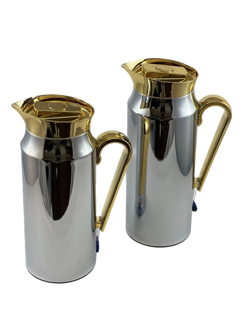 Homemaker 2-Piece Tea & Coffee Flask - 0.75 Liter & 1 Liter Capacity - Glass Inner - Steel Body - Silver & Gold - Image 2