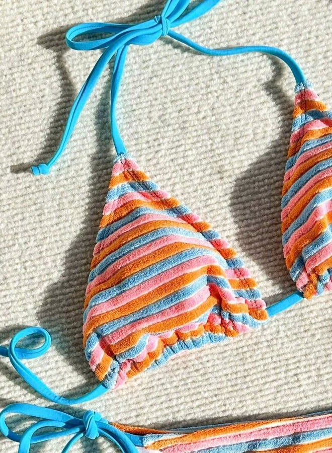 Falainetee Women's Striped Knot Bathing Suit High Waisted Halter Triangle Swimsuit Bikini Set Blue S - Image 3