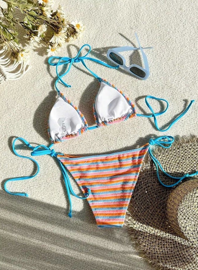Falainetee Women's Striped Knot Bathing Suit High Waisted Halter Triangle Swimsuit Bikini Set Blue S - Image 2