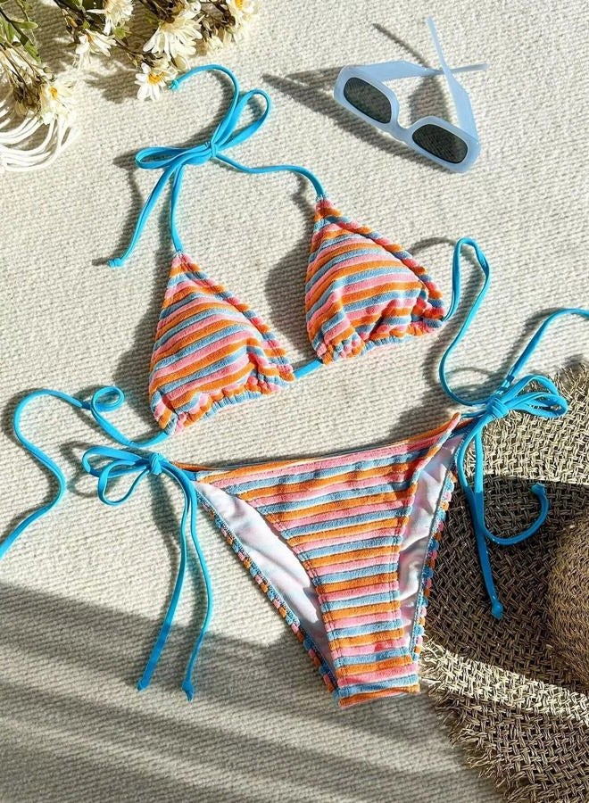 Falainetee Women's Striped Knot Bathing Suit High Waisted Halter Triangle Swimsuit Bikini Set Blue S - Image 5