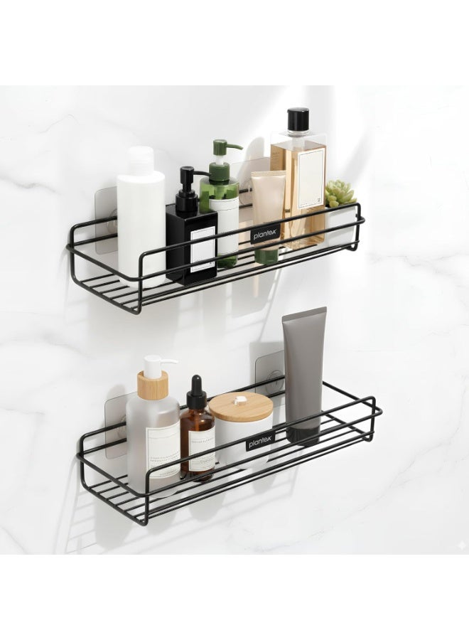Plantex Self Adhesive Bathroom Shelf Rack/Bathroom Organiser Without Drill//GI-Steel Shelf for Kitchen with Magic Stickers/Bathrooms Accessories - Pack of 2 (12x5 Inches, Black) - Image 1