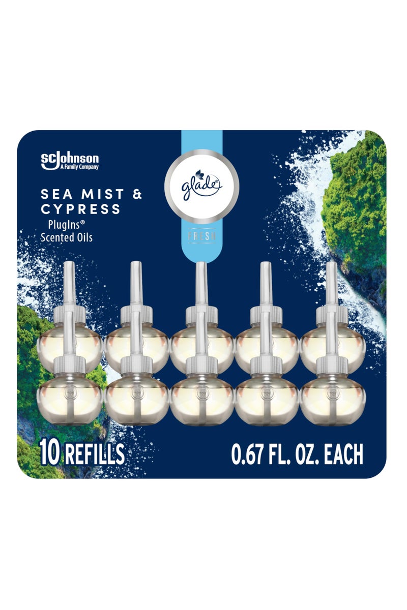 Glade PlugIns Refills Air Freshener, Sea Mist & Cypress, Scented and Essential Oils for Home and Bathroom, 0.67 Fl Oz, 10 Count - Image 1