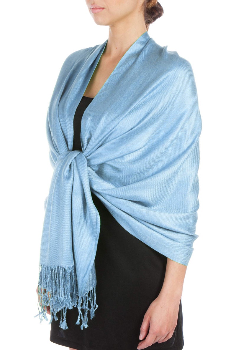 Sakkas Large Soft Silky Pashmina Shawl Wrap Scarf in Solid Colors - Baby Blue - Image 1