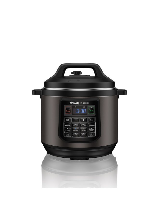 Arzum Chefim XL Multi Functional Pressure Cooker 6L 1000W 14 Cooking Functions LCD Display Non-Stick Inner Pot Glass Lid Steam Rack Black - Image 1