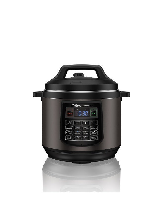 Arzum Chefim XL Multi Functional Pressure Cooker 8L 1200W 14 Cooking Functions LCD Display Non-Stick Inner Pot Glass Lid Steam Rack Black - Image 1