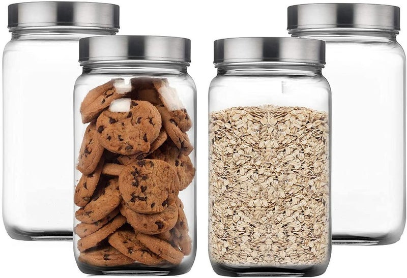 Brezzycloud Piramal Glass 4-Piece Cube Glass Container 1800Ml, Glass Jar With Air Tight Stainless Steel Lid For Kitchen Storage (1800Ml) (Set Of 4),Transparent - Image 1