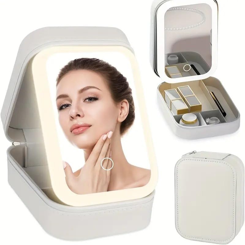 COZIESS Travel Makeup Bag with LED MirrorTravel Makeup Organizer with Adjustable LightUp Mirror3 Color Light SettingsPortable Make Up Case Travel Cosmetic Case Jewelry Organizer White - Image 1