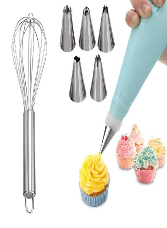 First Front Stainless Steel 6 Pcs Cake Decorating Nozzle with Piping Bag Set & Stainless Steel Egg Beater Whisk - Image 1