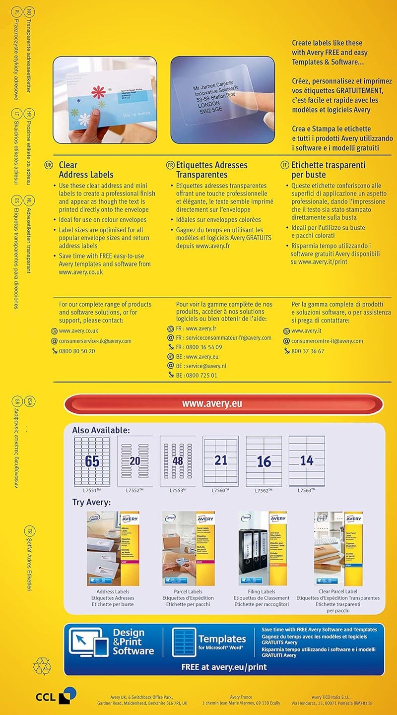 AVERY Self Adhesive Clear ADDRess Mailing Labels, Laser Printers, 16 Labels Per A4 Sheet, 400 Quickpeel (L7562) - Image 2