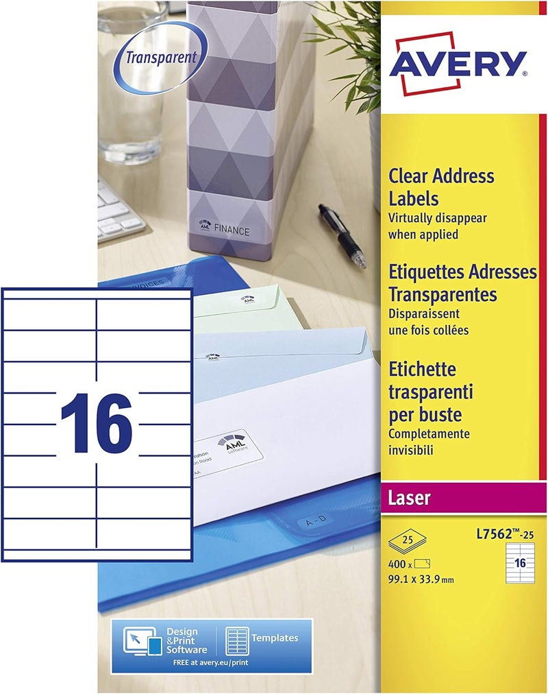 AVERY Self Adhesive Clear ADDRess Mailing Labels, Laser Printers, 16 Labels Per A4 Sheet, 400 Quickpeel (L7562) - Image 1