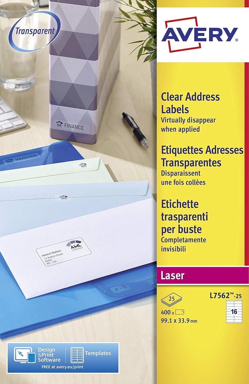 AVERY Self Adhesive Clear ADDRess Mailing Labels, Laser Printers, 16 Labels Per A4 Sheet, 400 Quickpeel (L7562) - Image 3