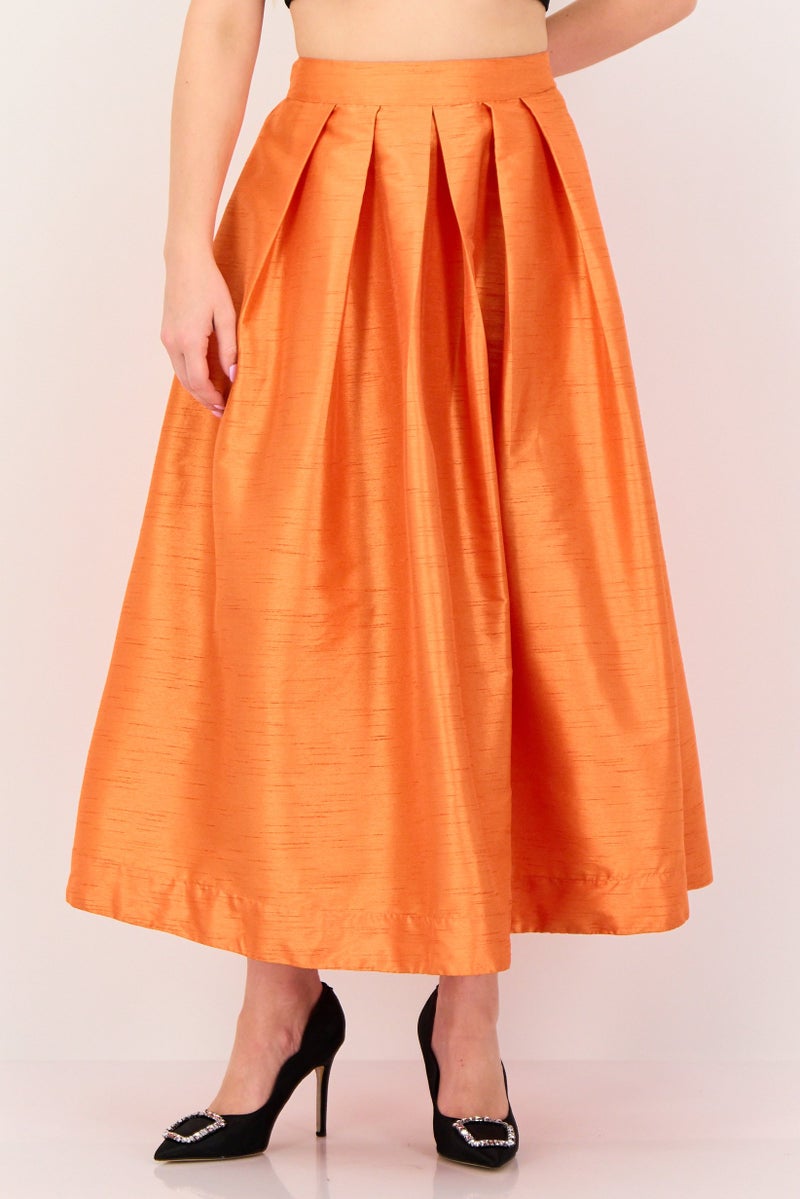 Femi9 Women Plain Midi Skirt, Orange - Image 1