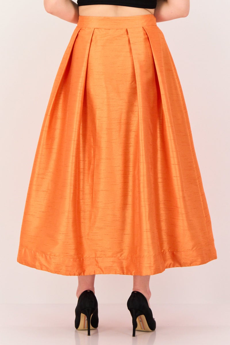Femi9 Women Plain Midi Skirt, Orange - Image 3