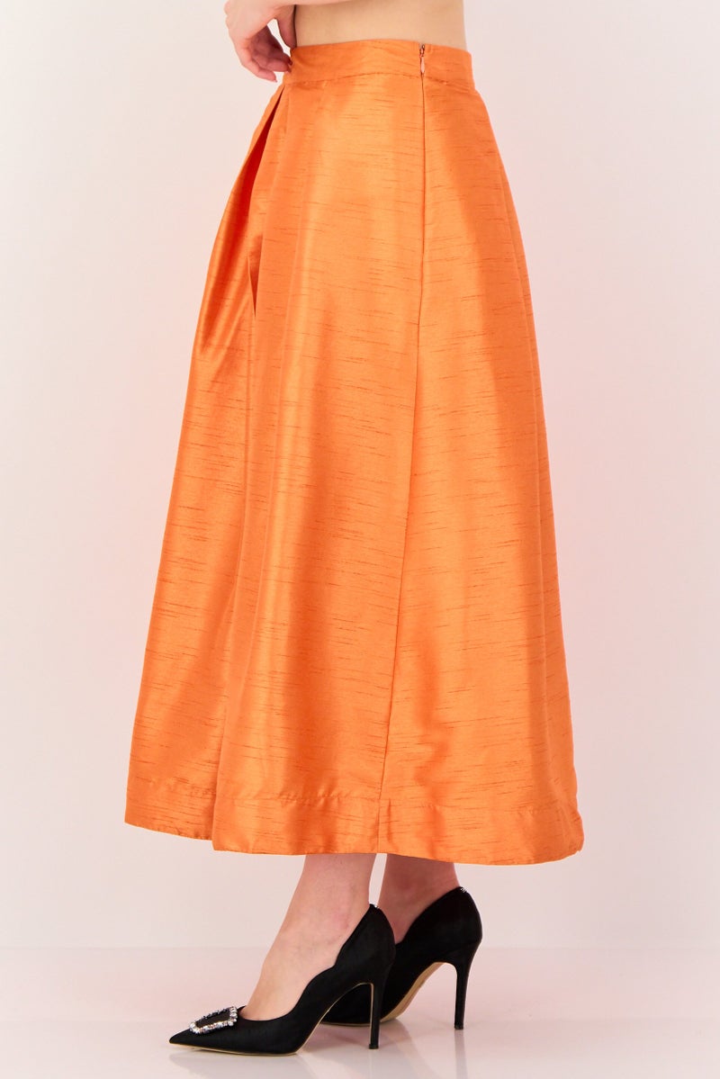 Femi9 Women Plain Midi Skirt, Orange - Image 2