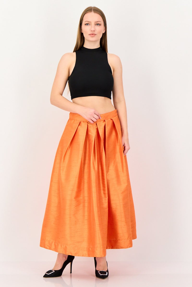 Femi9 Women Plain Midi Skirt, Orange - Image 4
