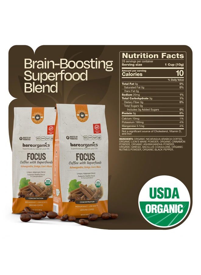 BareOrganics Artisan Ground FOCUS Bagged Coffee with Superfoods, Medium Roast, Non-GMO & Gluten-free, Ginkgo, Ashwagandha & Lion's Mane Mushrooms, 10 oz - Image 2