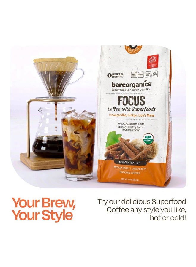 BareOrganics Artisan Ground FOCUS Bagged Coffee with Superfoods, Medium Roast, Non-GMO & Gluten-free, Ginkgo, Ashwagandha & Lion's Mane Mushrooms, 10 oz - Image 5