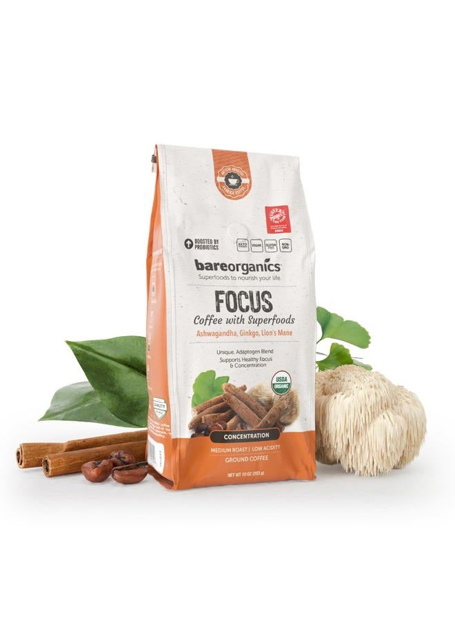 BareOrganics Artisan Ground FOCUS Bagged Coffee with Superfoods, Medium Roast, Non-GMO & Gluten-free, Ginkgo, Ashwagandha & Lion's Mane Mushrooms, 10 oz - Image 1