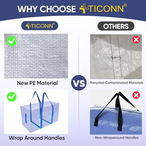 TICONN 2 Pack Extra Large Moving Bags with Zippers & Carrying Handles, Heavy-Duty Storage Tote Moving Boxes for Space Saving - Image 3