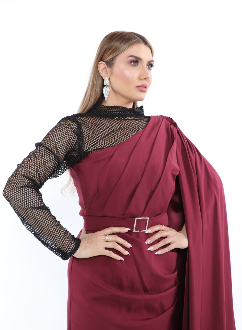 MyesuQ Dress In Crepe Fabric with One Shoulder Fringe and Side Slit - Image 5