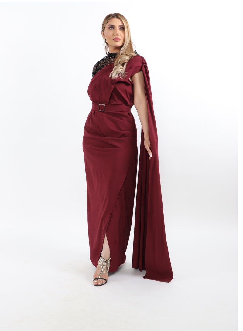 MyesuQ Dress In Crepe Fabric with One Shoulder Fringe and Side Slit - Image 1