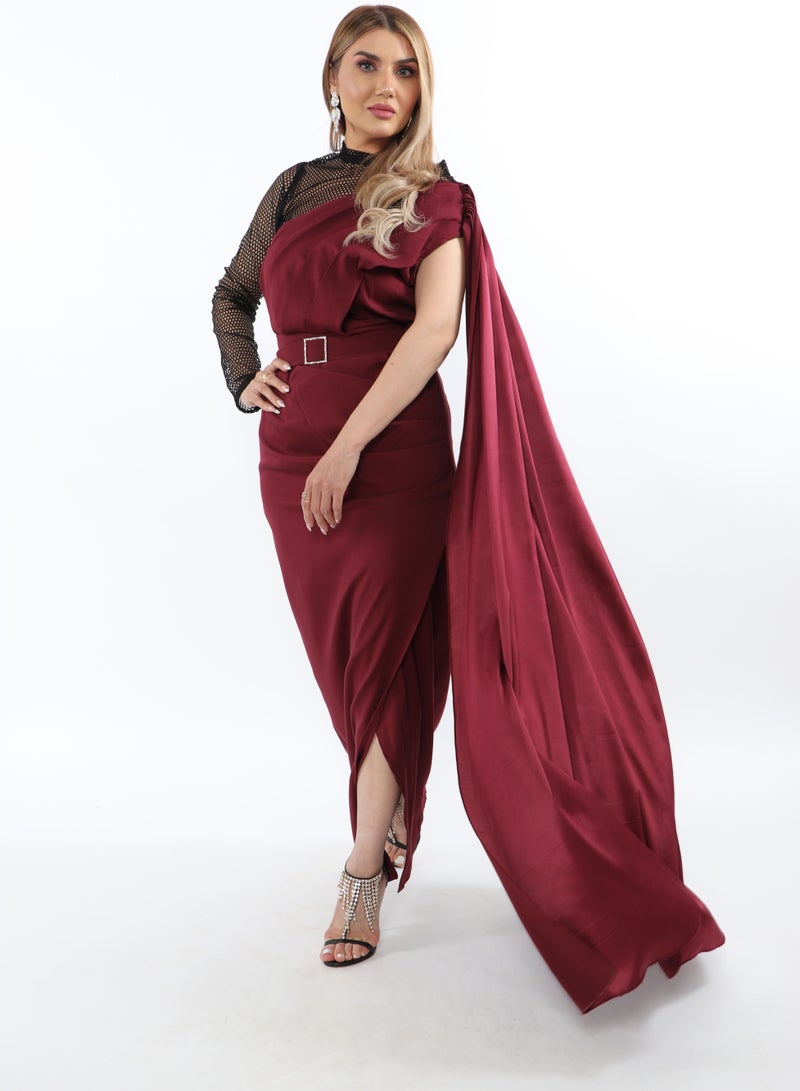 MyesuQ Dress In Crepe Fabric with One Shoulder Fringe and Side Slit - Image 3