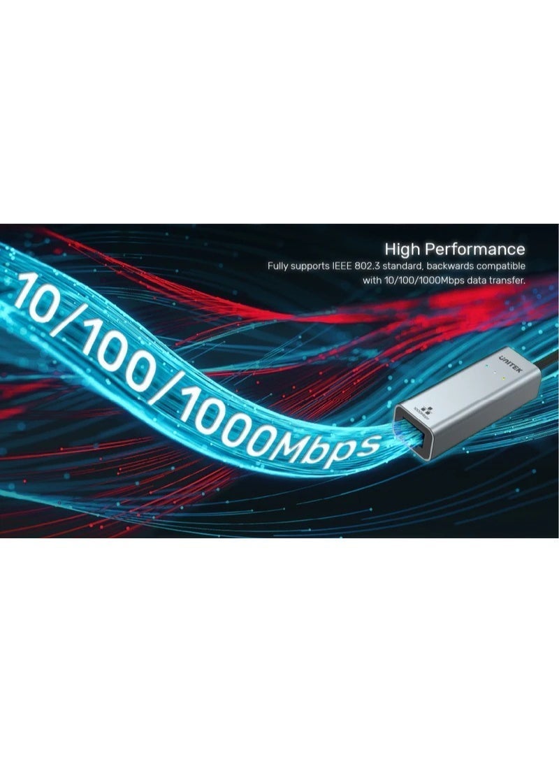 UNITEK محول UNITEK USB-A إلى Ethernet بسرعة جيجابت، رمادي فضائي، هيكل سبائك، 61.0 مم × 23.0 مم × 17.0 مم، نقل بيانات 10/100/1000 ميجابت في الثانية - Image 4
