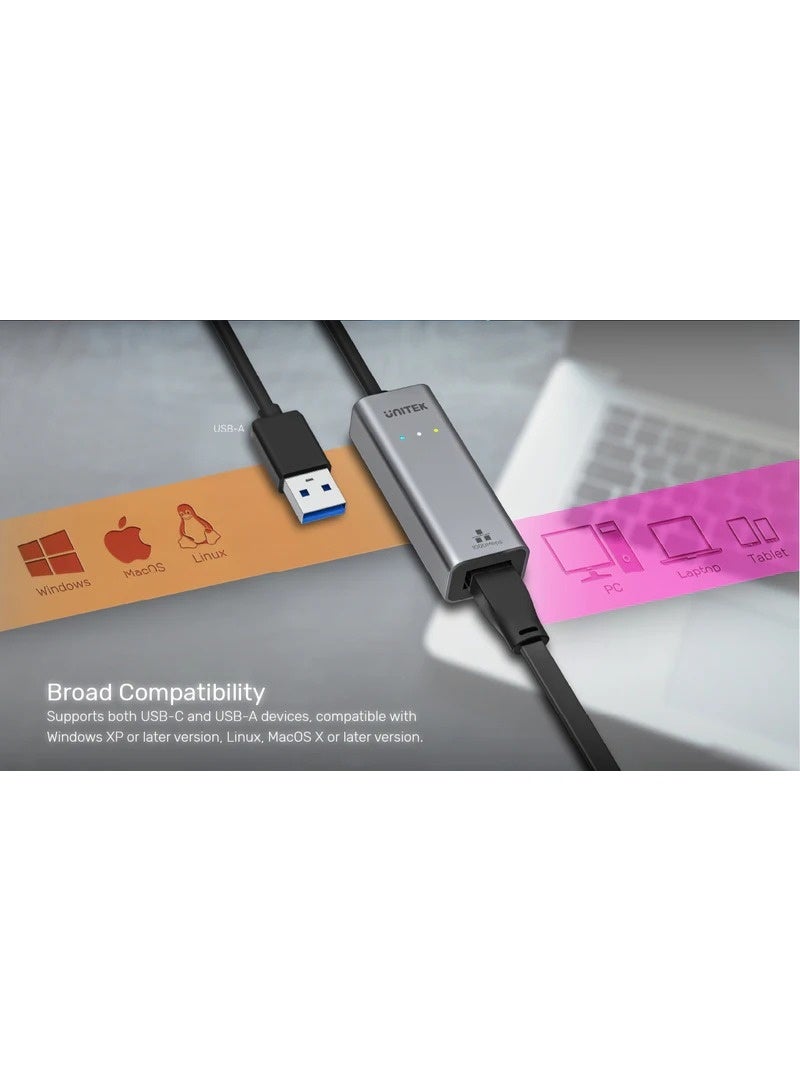 UNITEK محول UNITEK USB-A إلى Ethernet بسرعة جيجابت، رمادي فضائي، هيكل سبائك، 61.0 مم × 23.0 مم × 17.0 مم، نقل بيانات 10/100/1000 ميجابت في الثانية - Image 3