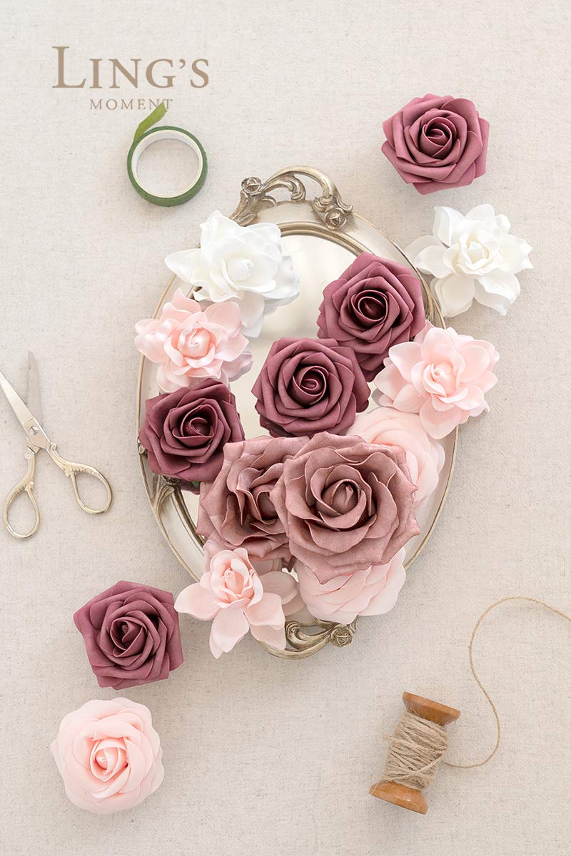 Ling's moment Ling's Moment Artificial Flowers Fake Roses Faux Foam Gardenia Combo for DIY Wedding Bouquets Centerpieces Arrangements Bridal Shower Party Home Decorations  Mauve & Blush  24pcs  - Image 2