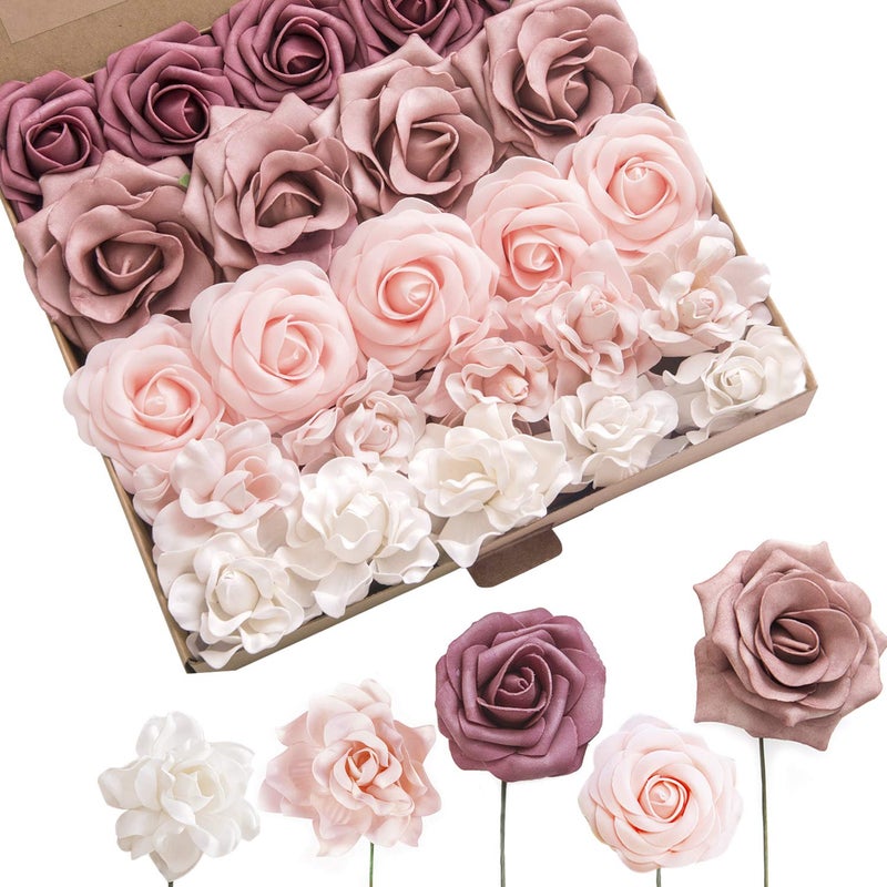 Ling's moment Ling's Moment Artificial Flowers Fake Roses Faux Foam Gardenia Combo for DIY Wedding Bouquets Centerpieces Arrangements Bridal Shower Party Home Decorations  Mauve & Blush  24pcs  - Image 1