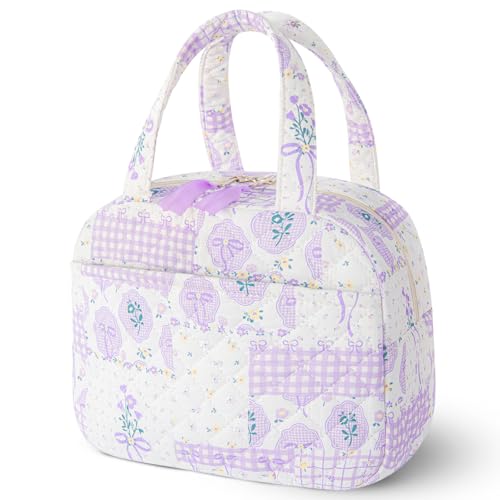 WOBAGMEN Quilted Lunch Box for WomenCoquette Aesthetic Lunch Box for Teen GirlsCute Purple Bow Floral Lunch Bags for Work SchoolOfficePicnicTravel Purple Bow Floral - Image 1