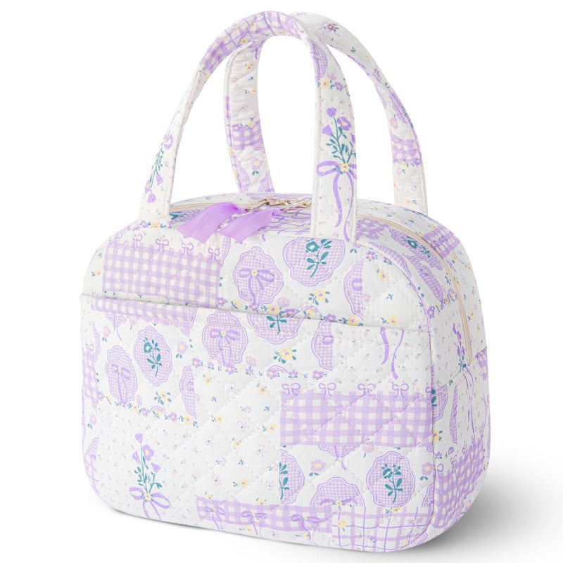 WOBAGMEN Quilted Lunch Box for WomenCoquette Aesthetic Lunch Box for Teen GirlsCute Purple Bow Floral Lunch Bags for Work SchoolOfficePicnicTravel Purple Bow Floral - Image 2