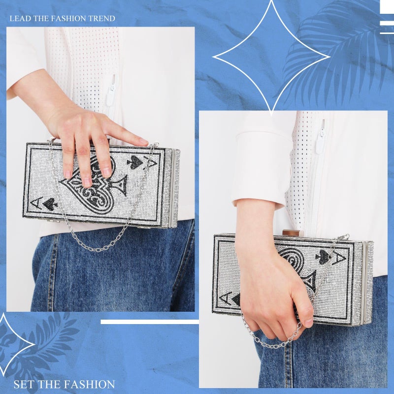 Trnayi Women Poker Card Evening Clutch Rhinestone Purse Casino Vegas Novelty Purse Queen Hearts Bags Playing Cards Gift(Light Silver,Ace of Spades) - Image 2