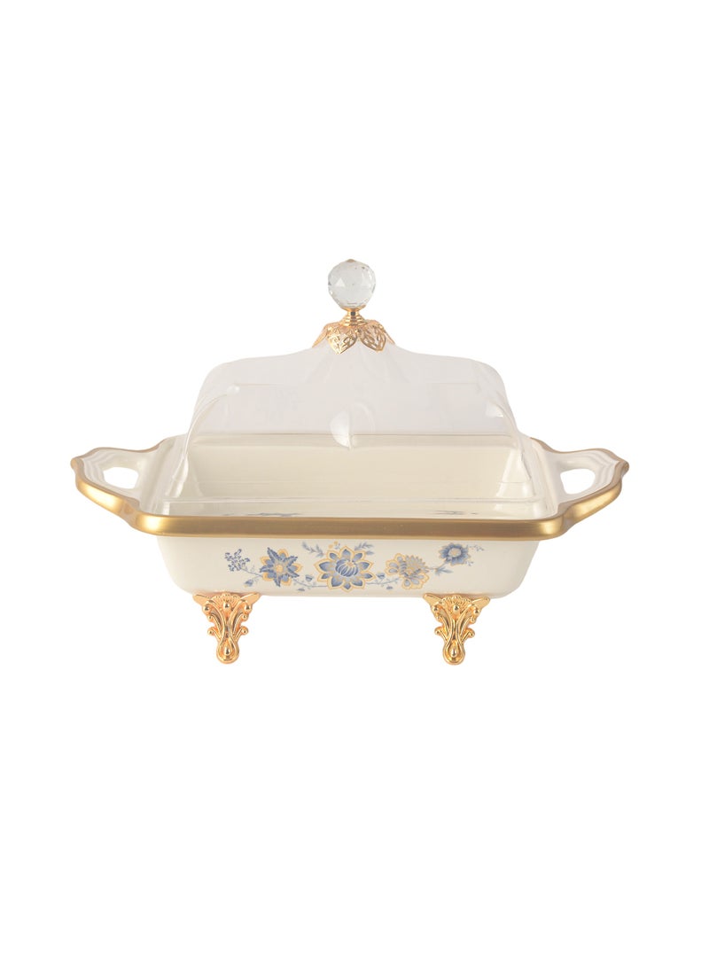 Life Smile Life Smile LIFE SMILE Square Bone China Fruit Bowl With Cover  - Serving Basket with Gold Stand and Acrylic Lid with Knob For Fruit ,Snack, Nuts ,Cake & Dessert Storage - Image 1