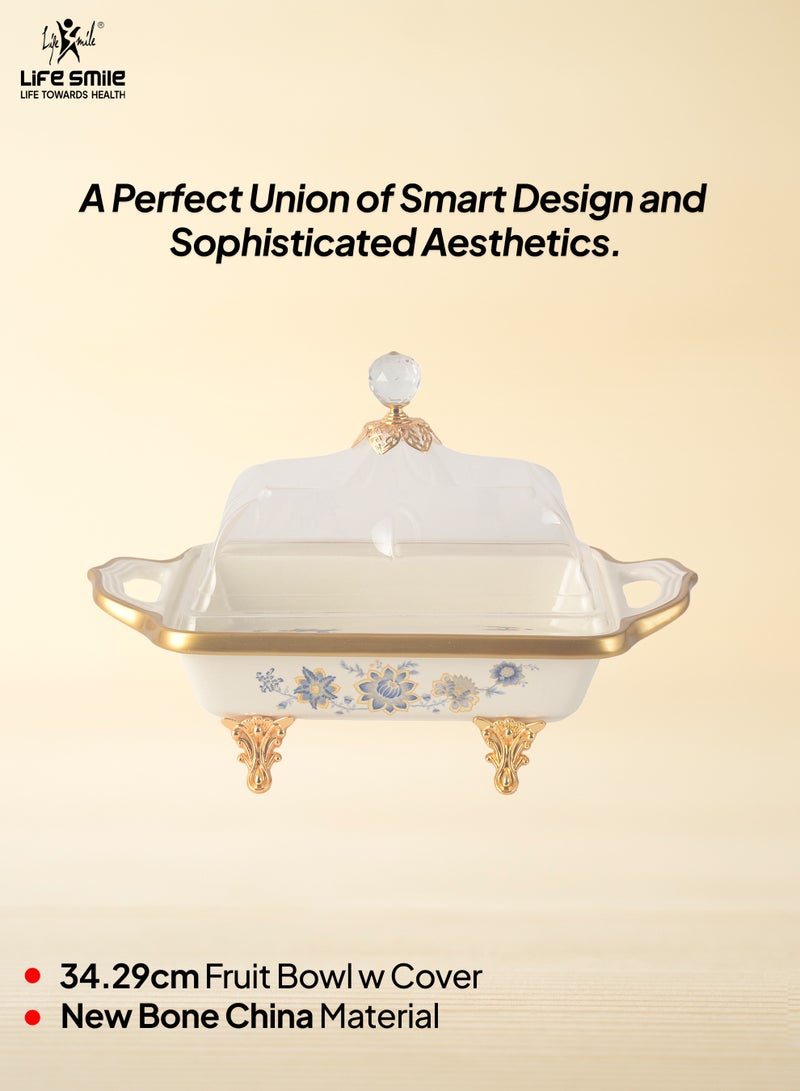 Life Smile Life Smile LIFE SMILE Square Bone China Fruit Bowl With Cover  - Serving Basket with Gold Stand and Acrylic Lid with Knob For Fruit ,Snack, Nuts ,Cake & Dessert Storage - Image 2