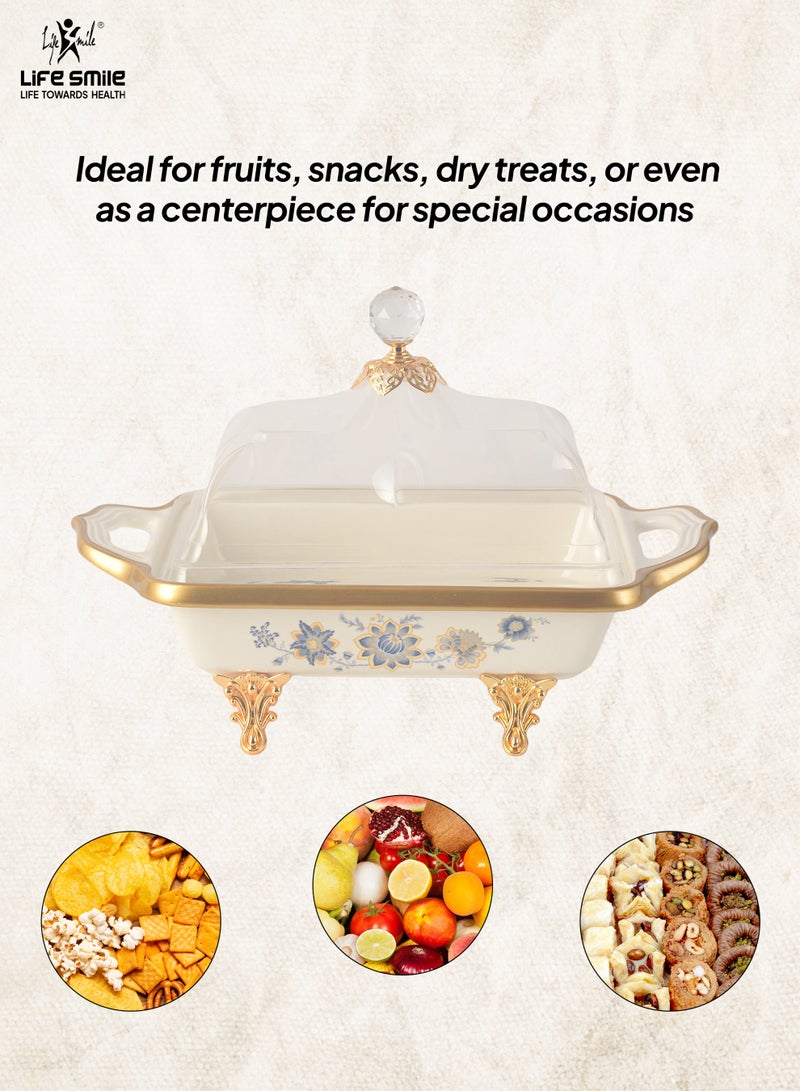 Life Smile Life Smile LIFE SMILE Square Bone China Fruit Bowl With Cover  - Serving Basket with Gold Stand and Acrylic Lid with Knob For Fruit ,Snack, Nuts ,Cake & Dessert Storage - Image 3