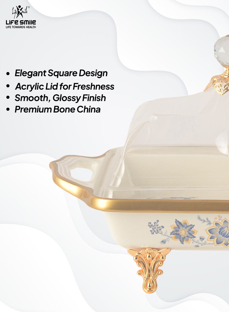 Life Smile Life Smile LIFE SMILE Square Bone China Fruit Bowl With Cover  - Serving Basket with Gold Stand and Acrylic Lid with Knob For Fruit ,Snack, Nuts ,Cake & Dessert Storage - Image 4
