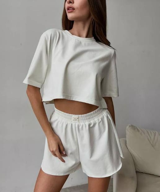 2024 Cross-border Independent Station Amazon New European and American Leisure Sling + Split Shorts Set Short Sleeve Set for Women White Short Sleeve Suit