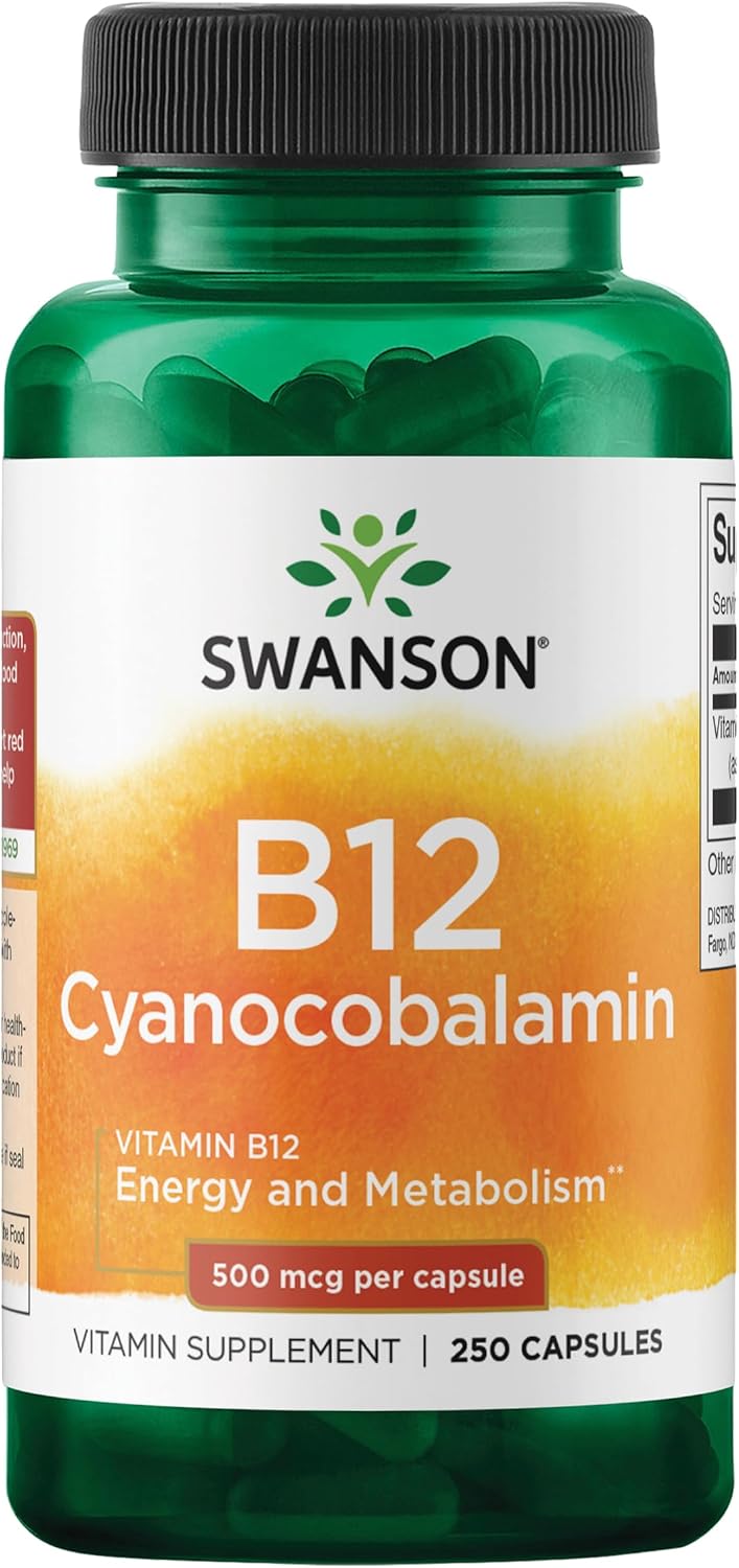 Swanson Vitamin B12 Cyanocobalamin  Vitamin Supplement Promoting Energy Metabolism Nervous System Health  Heart Support  Supports Red Blood Cell Formation 250 Capsules 500mcg Each - Image 1