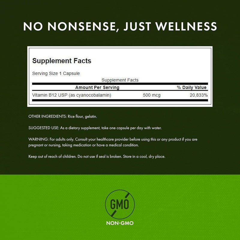 Swanson Vitamin B12 Cyanocobalamin  Vitamin Supplement Promoting Energy Metabolism Nervous System Health  Heart Support  Supports Red Blood Cell Formation 250 Capsules 500mcg Each - Image 3