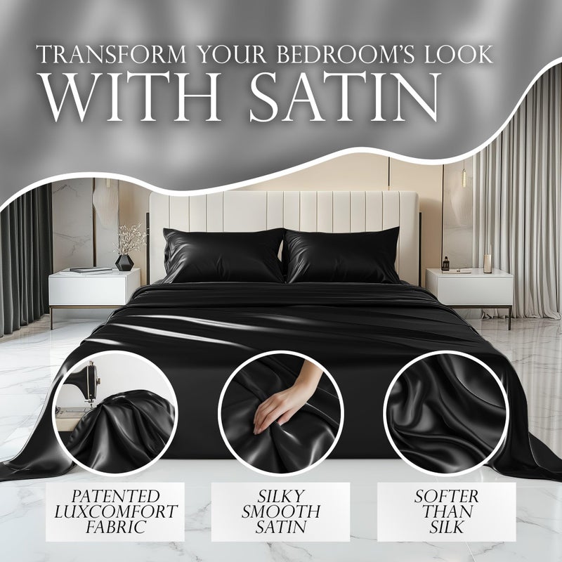 DECOLURE Satin Sheet Queen Set 6pcs - Comfy Hotel Luxury Silk Feel Satin Sheets Queen - Elegant Silky Soft Queen Size Satin Bed Sheets - Light Wrinkle-Free Black Satin Sheets with Deep Pocket (Black) - Image 2