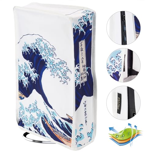playvital Vertical Dust Cover for ps5 Slim Disc EditionThe New Smaller Design Nylon Dust Proof Protector Waterproof Cover Sleeve for ps5 Slim Console The Great Wave - Image 1