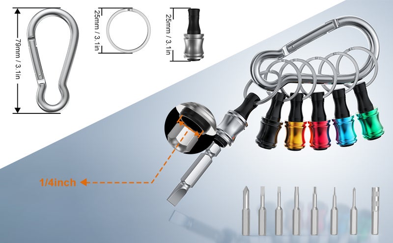 1/4inch Hex Shank Aluminum Alloy Screwdriver Bits Holder Extension Bar Drill Screw Adapter Change Keychain Portable（15PC color with silver metal fastener） - Image 4