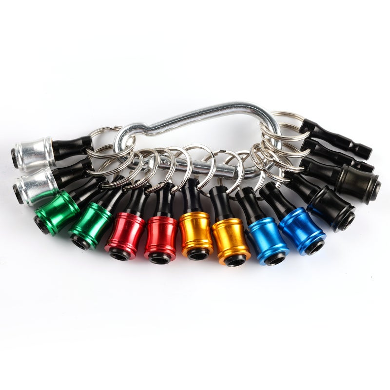 1/4inch Hex Shank Aluminum Alloy Screwdriver Bits Holder Extension Bar Drill Screw Adapter Change Keychain Portable（15PC color with silver metal fastener） - Image 1
