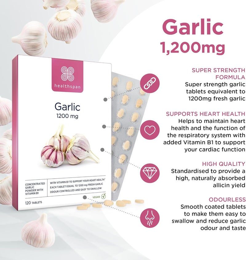Healthspan Garlic 1200mg 120 Tablets Supports Heart Health The Respiratory System Maintains Normal Cholesterol Levels Added Vitamin B1 OdourControlled Easy to Swallow Vegetarian - Image 2