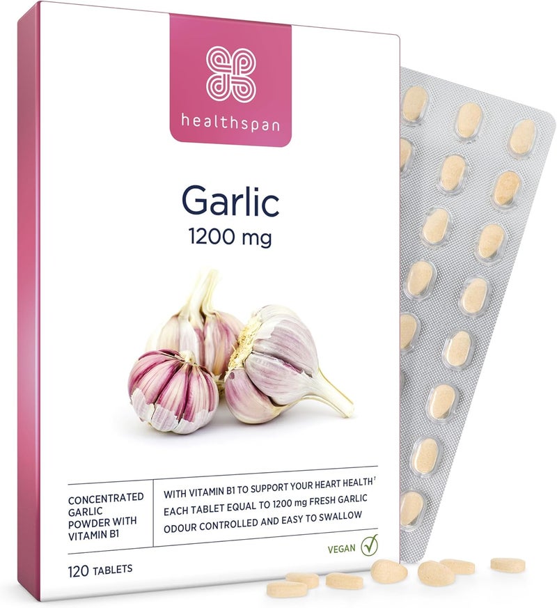 Healthspan Garlic 1200mg 120 Tablets Supports Heart Health The Respiratory System Maintains Normal Cholesterol Levels Added Vitamin B1 OdourControlled Easy to Swallow Vegetarian - Image 1